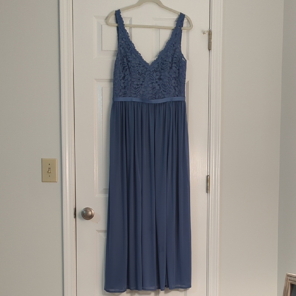 David's Bridal Blue Lace Bodice Maxi Dress